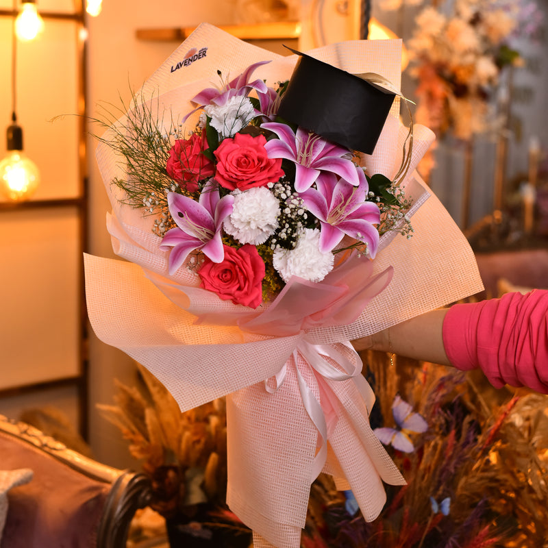  Purple lilies.Artificial Dianthus Flower
Artificial Fushia Flower.Natural White Gypsophilia and Natural Green Leaves
