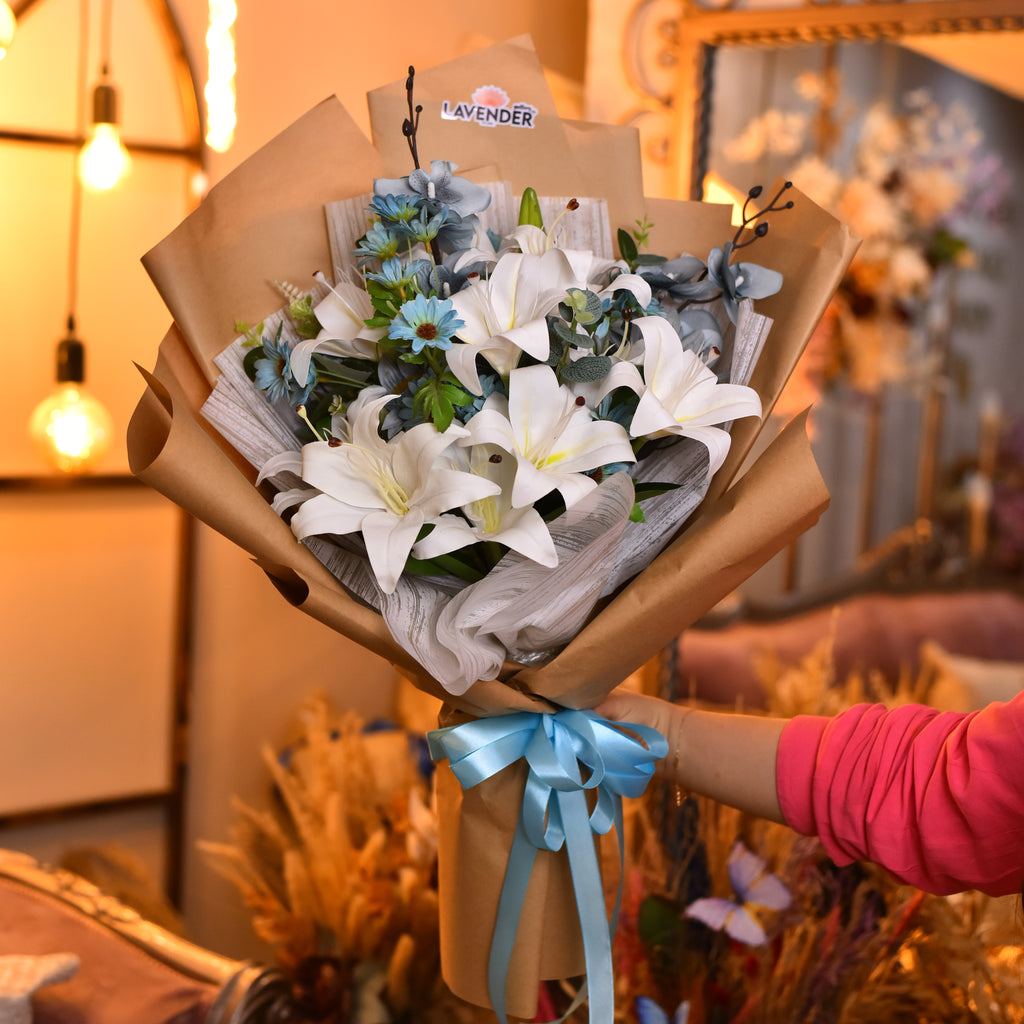 White Lilies. santhemum and Artificial Blue Orchid Flower