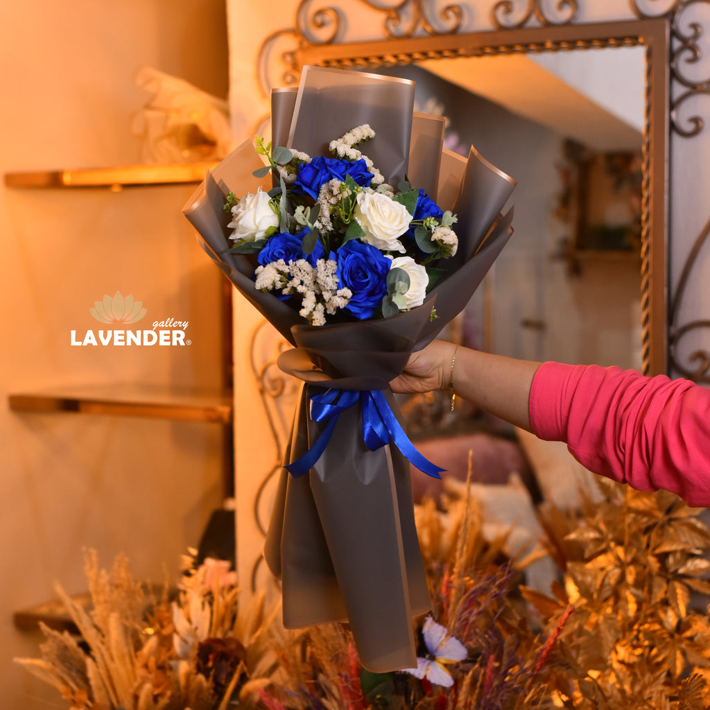 
Artificial White and blue Rose and White Limonium 