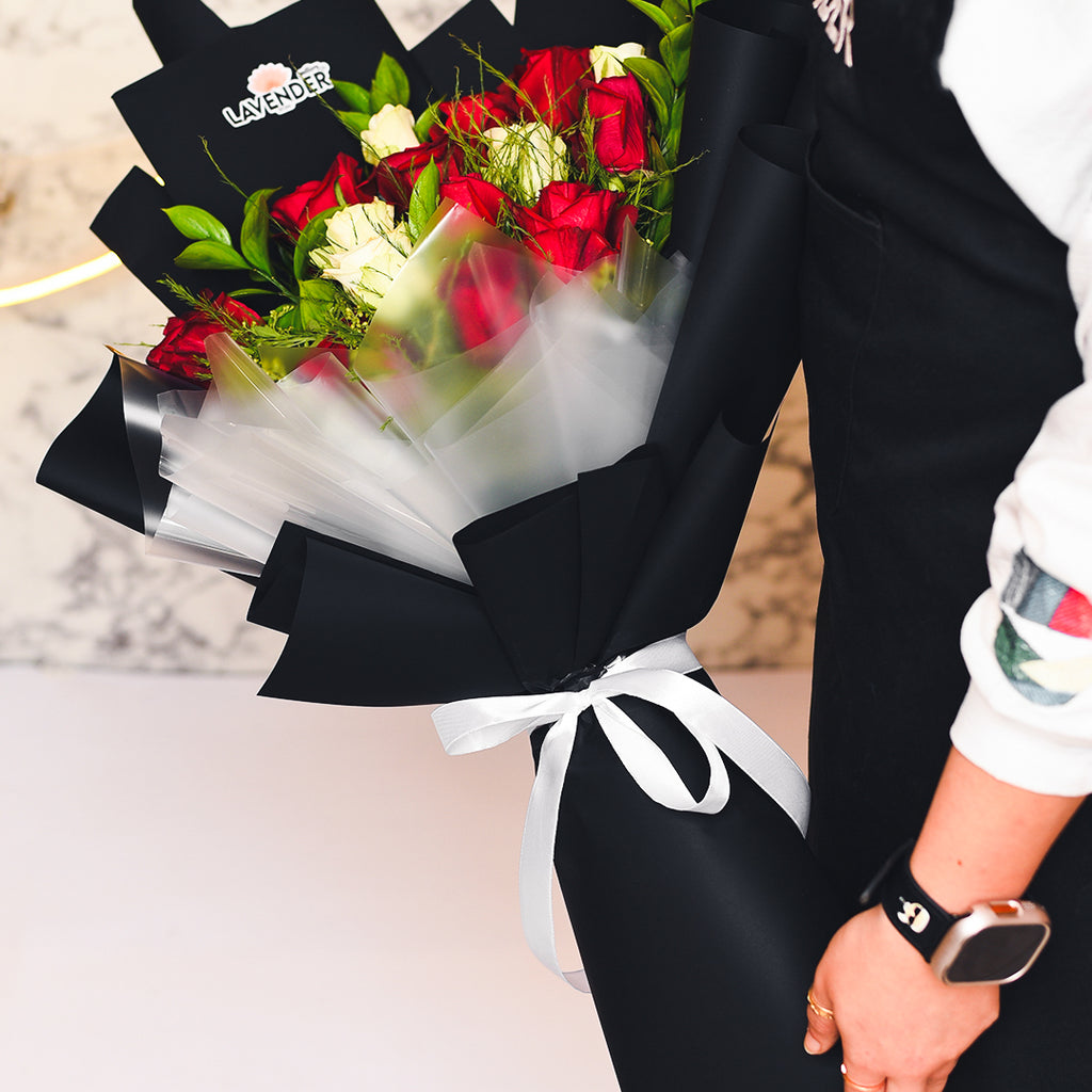 Natural white and red roses and Natural green leaves