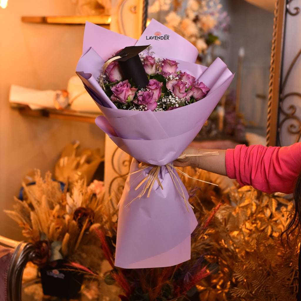  lavender roses and Natural white gypsophila 