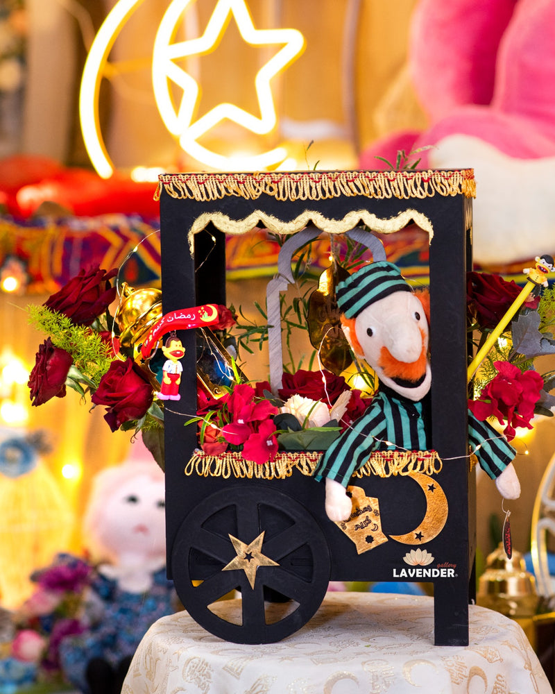 Decorative lantern with a character and floral elements on a blurred festive background